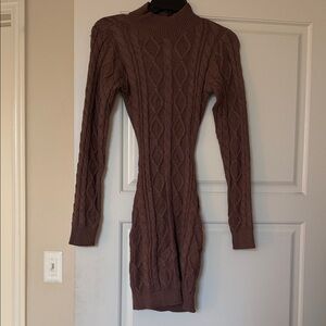 Miss Lola Cocoa Cable Knit  backless Long Sleeve Dress